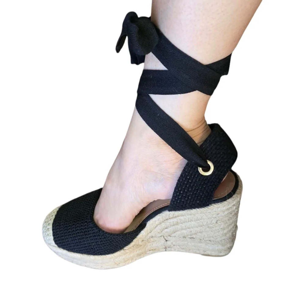 Steve Madden Black and Cream Espadrille Wedge Sandals